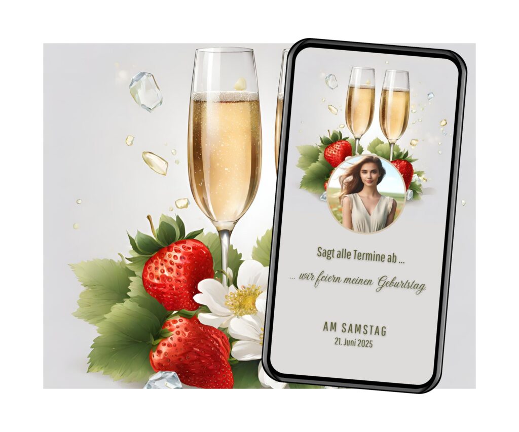 eCard Geburtstagseinladung Champagner und Erdbeeren