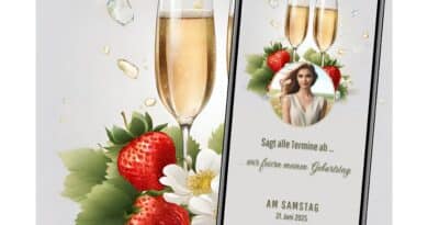 eCard Geburtstagseinladung Champagner und Erdbeeren