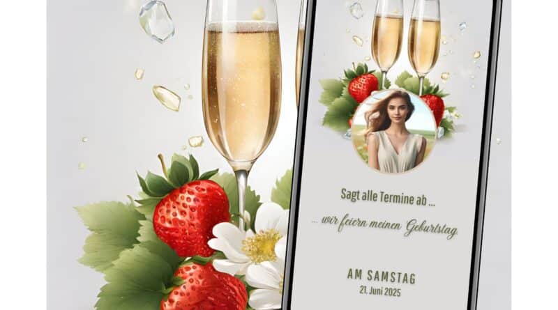 eCard Geburtstagseinladung Champagner und Erdbeeren