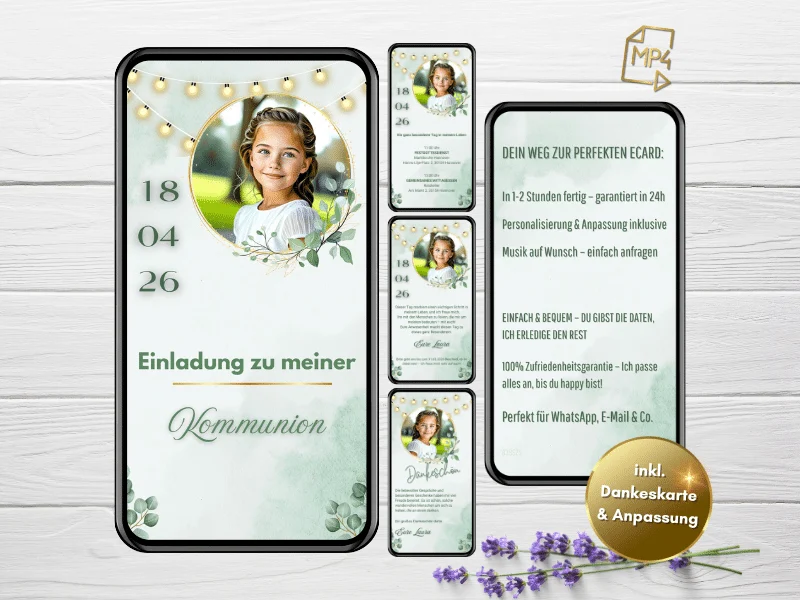 Einladung Kommunion Eukalyptus als ruhiges Gestaltungsbeispiel